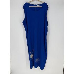 I.S.C. Maxi Dress Womens 4X Blue Linen Floral Embroidered Lagenlook Boho Vintage